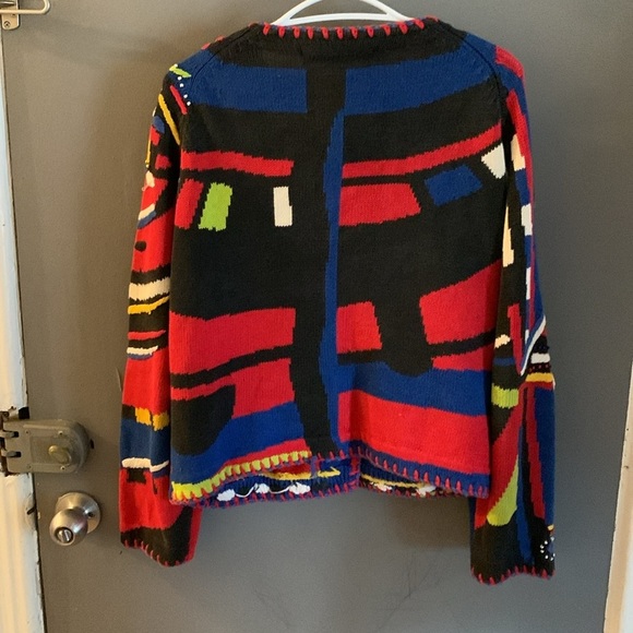 Michael Simon Red and Blue Geometric 3d cardigan - Picture 4 of 5